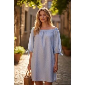 Off Shoulder Blue Cotton Dress M Romantic‎ Prairie Cottagecore Coastal Feminine